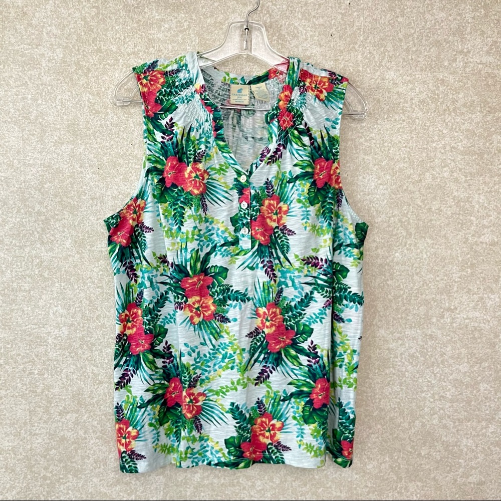 Caribbean Joe Women’s Sleeveless Top Tropical Floral  Size 1X White/ Green/ Red